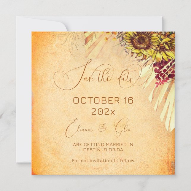 Rustikale Bohemische Sonnenblumenhochzeit Save The Date (Vorderseite)