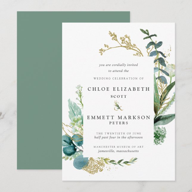 Rustikale Boho Aquamarin Blue Botanical Gold Weddi Einladung (Vorne/Hinten)