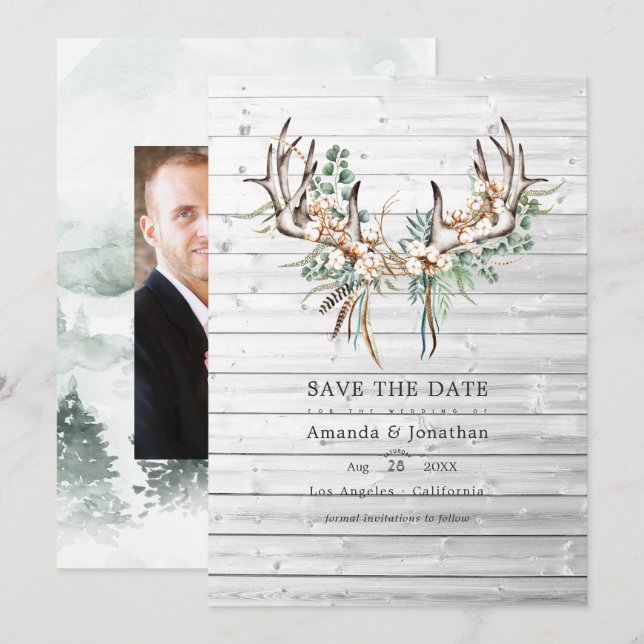 Rustikale Boho-Baumwolle und Eukalyptus-Bohemische Save The Date (Vorne/Hinten)