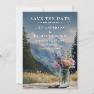 Rustikale Boho-Berg-Blumen-Hochzeit im Mason-Style Save The Date