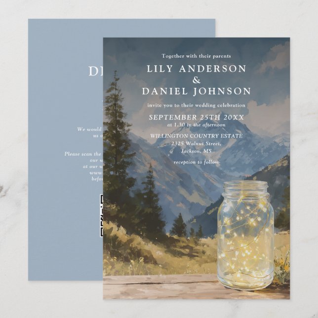 Rustikale Boho-Berg-Mason-Jar-QR-Code-Hochzeit Einladung (Vorne/Hinten)
