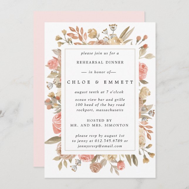 Rustikale Boho Blush Rose Probe Abendessen Einladung (Vorne/Hinten)