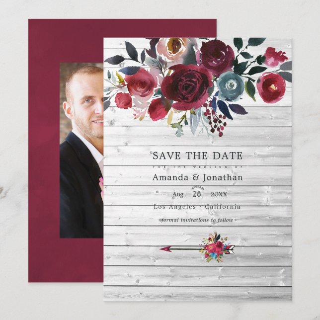 Rustikale Boho Chic Burgundy und blumenreiche Hoch Save The Date (Vorne/Hinten)