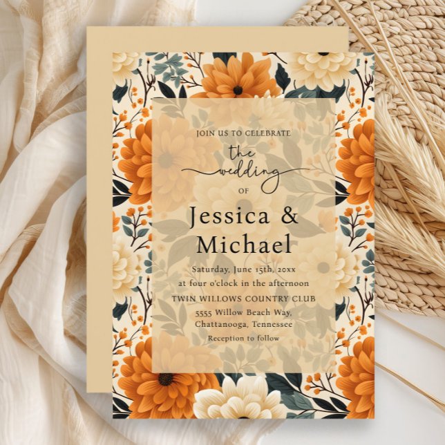 Rustikale Boho Chic Herbstwoche Wasserfarbenflora  Einladung (Burnt orange and cream watercolor floral wedding invitation)