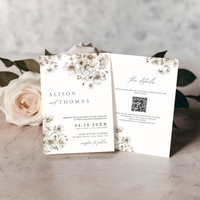 Rustikale Boho-Creme-Blumen-QR-Code-Hochzeit Einladung (Von Creator hochgeladen)