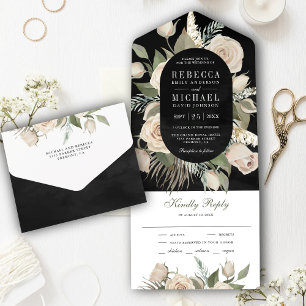 Rustikale Boho Elfenbein Rosen Salbeigrün Schwarze All In One Einladung