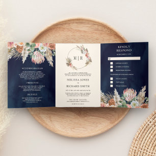 Rustikale Boho-Erde Florale Pampas Navyblau-Hochze Dreifach Gefaltete Einladung