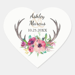Rustikale Boho Floral Antlers Wedding Herz-Aufkleber