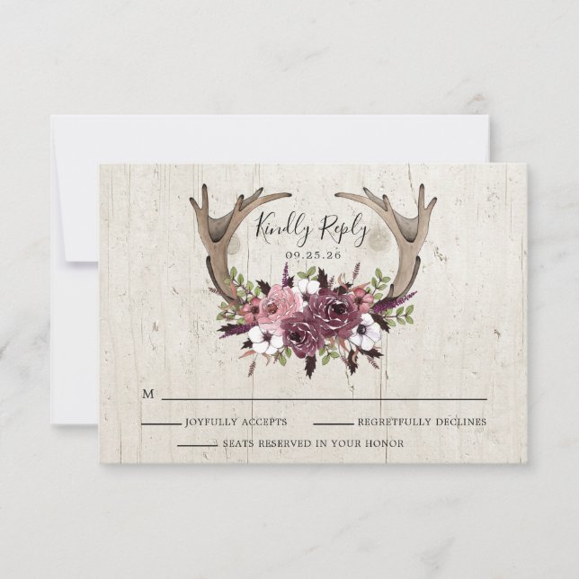 Rustikale Boho Floral Antlers Wedding Response Car RSVP Karte (Vorderseite)