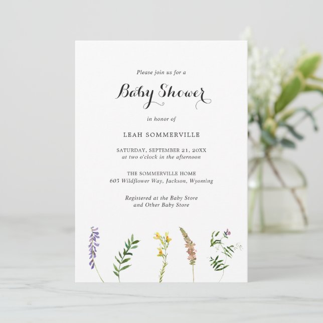 Rustikale Boho Floral Wildblume Elegante Babydusch Einladung (Stehend Vorderseite)