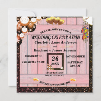 Rustikale Boho Golden Glitzer Rosa Holzverheiratun Einladung