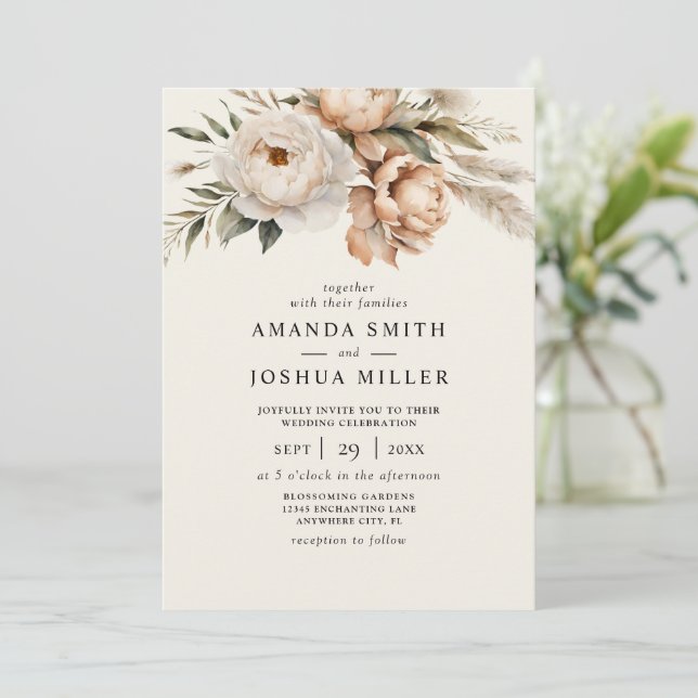 Rustikale Boho-Hochzeit mit floralen Getränken und Einladung (Stehend Vorderseite)