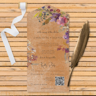 Rustikale Boho-Juwel-Ton-Rust-Blumen-QR-Code All In One Einladung