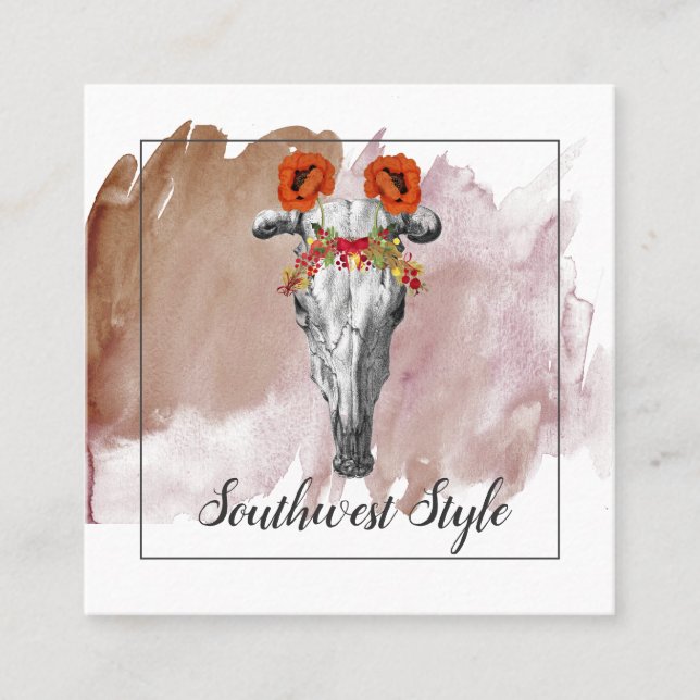 Rustikale Boho Kuh Skull & Earthy Wasserfarbe Quadratische Visitenkarte (Vorderseite)