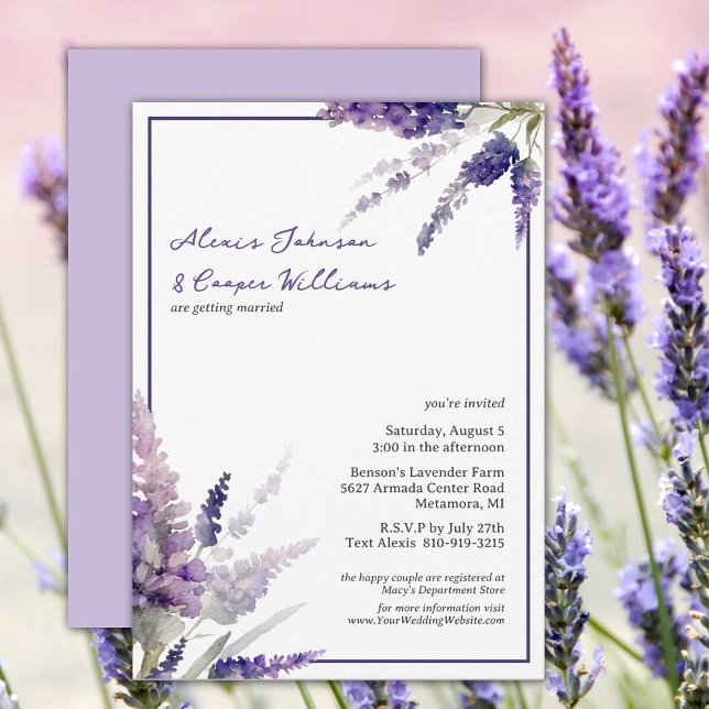 Rustikale Boho Lavender Blume Lila Hochzeit Einladung (Lavender blooms set the scene for this rustic country style wedding invitation.  Modern calligraphy.)