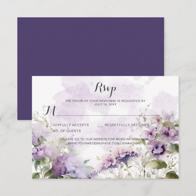 Rustikale Boho Lavender Lila Blumenhochzeit RSVP Karte (Vorne/Hinten)