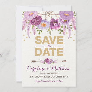Rustikale Boho-Lila-Gold-Blumen-Save-the-Date-Kart Save The Date