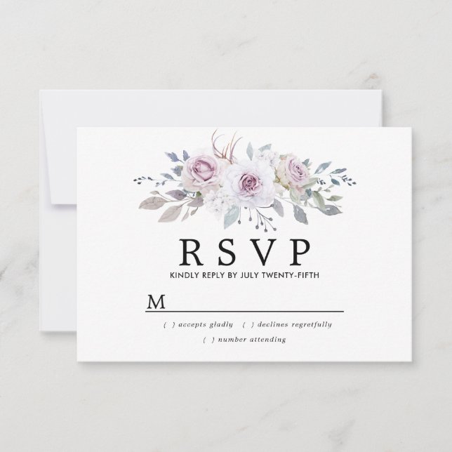 Rustikale Boho Lila Rose Floral Quinceanera RSVP Karte (Vorderseite)