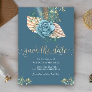 Rustikale Boho-Palm-Floral Hochzeit in Staubblau Save The Date