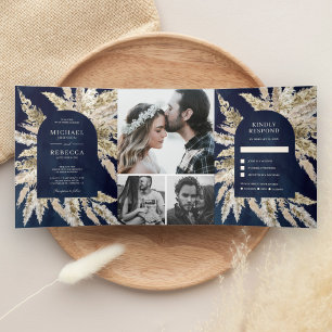 Rustikale Boho Pampas Gras Navy Blau Bogen Hochzei Dreifach Gefaltete Einladung