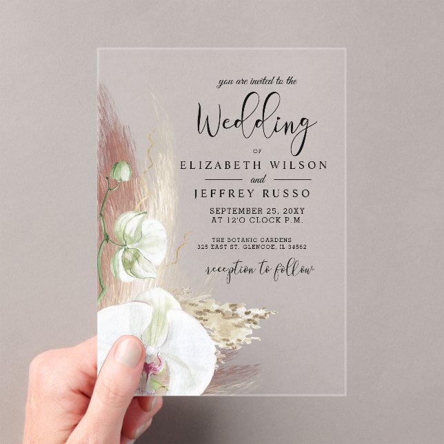 Rustikale Boho Pampas Grass White Orchid Wedding Acryleinladungen (Insitu (Handheld))