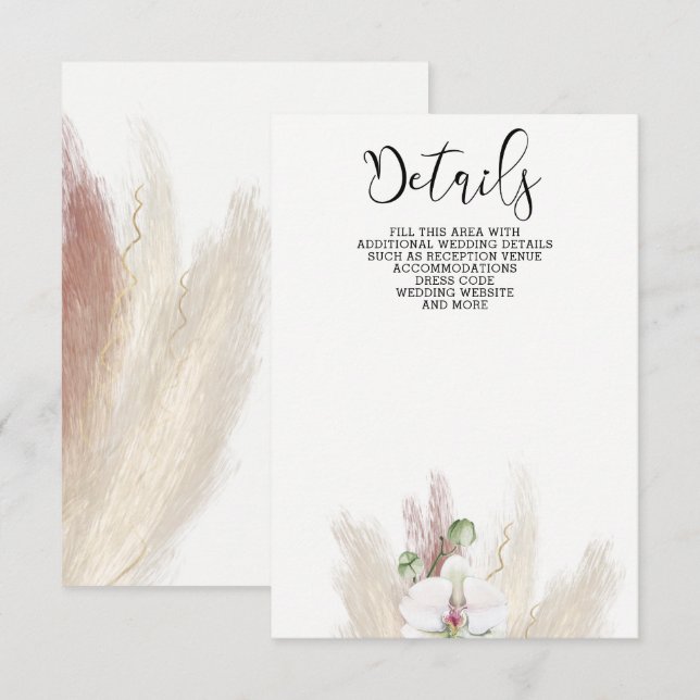 Rustikale Boho Pampas Grass White Orchid Wedding Begleitkarte (Vorne/Hinten)