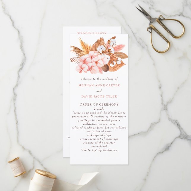 Rustikale Boho Pampas Orchids Cotton Blush Wedding Programm (Vorderseite/Rückseite Beispiel)