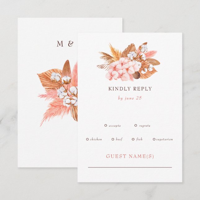 Rustikale Boho Pampas Orchids Cotton Blush Wedding RSVP Karte (Vorne/Hinten)