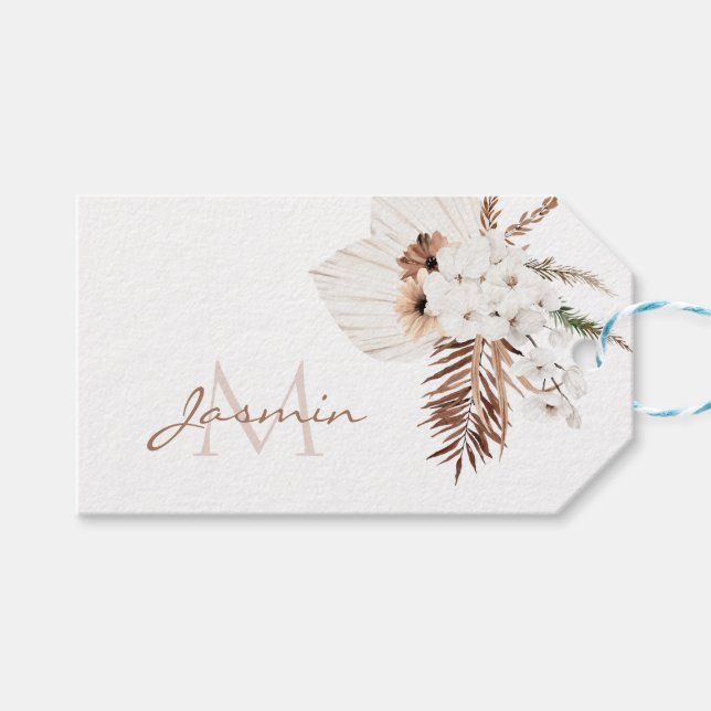 Rustikale Boho-Pampasgras-Blumenmonogramm Geschenkanhänger (Vorderseite (Horizontal))