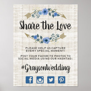 Rustikale Boho-Pfeile und florale Hochzeit Hashtag Poster