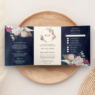 Rustikale Boho Pink Floral Pampas Navy Blue Weddin Dreifach Gefaltete Einladung