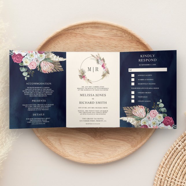 Rustikale Boho Pink Floral Pampas Navy Blue Weddin Dreifach Gefaltete Einladung (Von Creator hochgeladen)