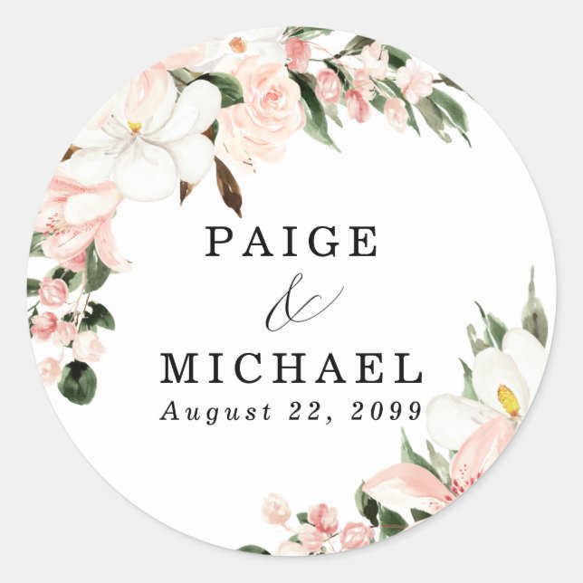 Rustikale Boho Pink White Floral Wedding Runder Aufkleber (Vorderseite)