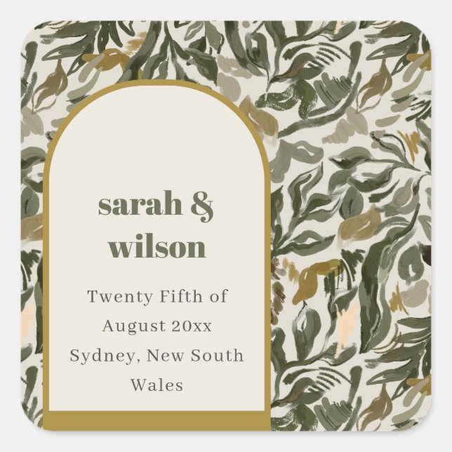 Rustikale Boho Retro Arch Grüne Botanische Hochzei Quadratischer Aufkleber (Vorderseite)