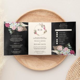 Rustikale Boho-Rosa-Floral-Pampas-Schwarze Hochzei Dreifach Gefaltete Einladung