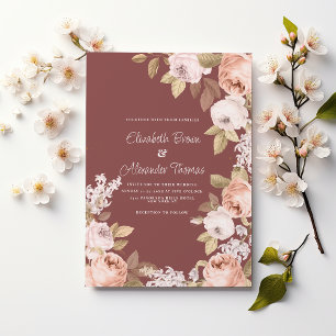 Rustikale Boho-Rosé-Burgunder-Grün-Blumenhochzeit  Einladung