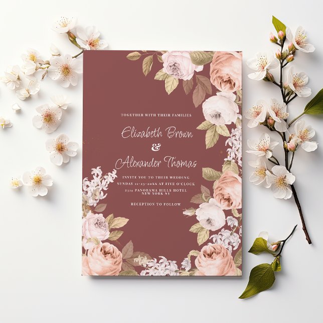 Rustikale Boho-Rosé-Burgunder-Grün-Blumenhochzeit  Einladung (Rustic boho pink burgundy green floral wedding )
