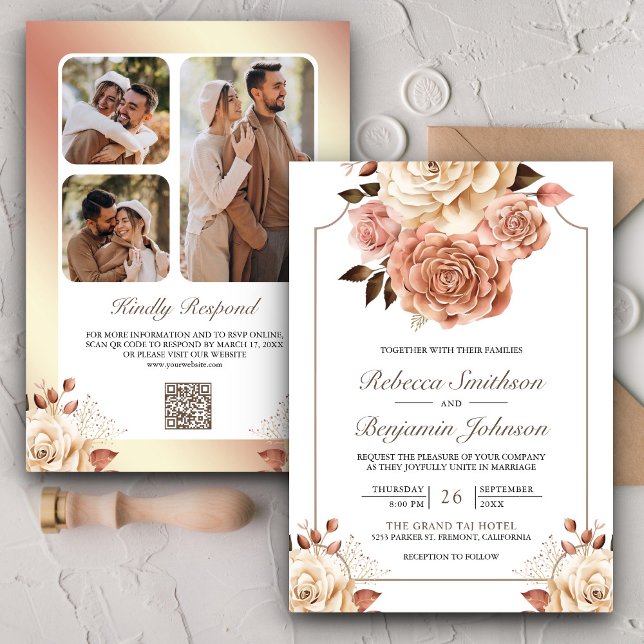 Rustikale Boho Rose Gold Elfenbeinblume QR Code Ho Einladung (Von Creator hochgeladen)