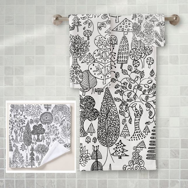 Rustikale Boho Schwarz-Weiß-Baum-Muster Badhandtuch Set (Rustic Boho Black and White Tree Pattern Bath Towel Set)