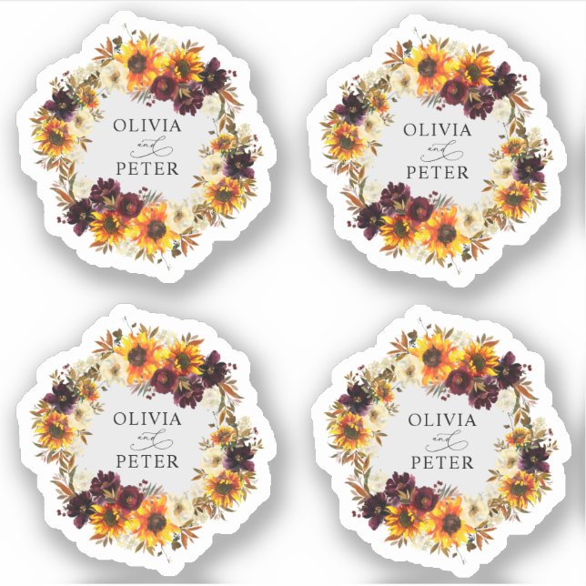 Rustikale Boho Sonnenblume Burgundy Hochzeit im He Aufkleber (Vorderseite)