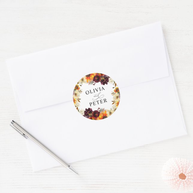 Rustikale Boho Sonnenblume Burgundy Hochzeit im He Runder Aufkleber (Umschlag)