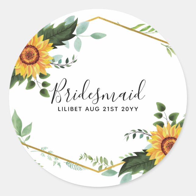 Rustikale BOHO Sonnenblumen Grüne Hochzeit Runder Aufkleber (Vorderseite)