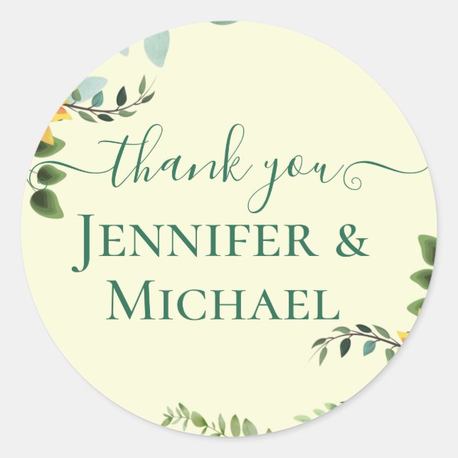 Rustikale BOHO Sonnenblumen Grüne Hochzeit Runder Aufkleber (Vorderseite)