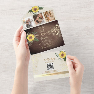 Rustikale Boho-Sonnenblumen-Hochzeit aus Holz All In One Einladung