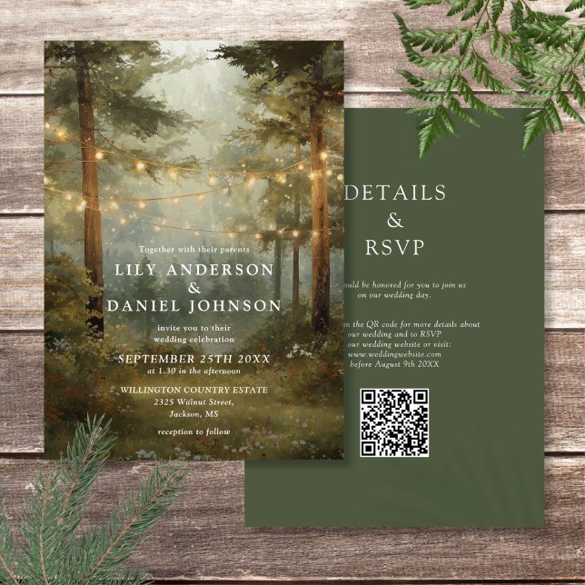 Rustikale Boho-Wald-Lichterkette QR-Code-Hochzeit Einladung (Rustic Boho Forest String Lights QR Code Wedding Invitation)