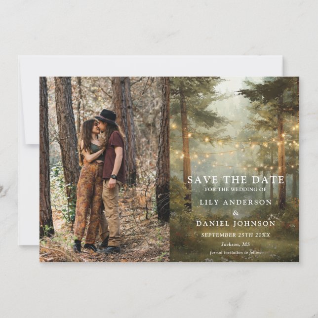 Rustikale Boho-Wald-Lichterketten-Hochzeitsfoto Save The Date (Vorderseite)