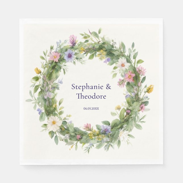 Rustikale Boho-Wasserfarben-Blumen Hochzeit mit in Serviette (Vorderseite)