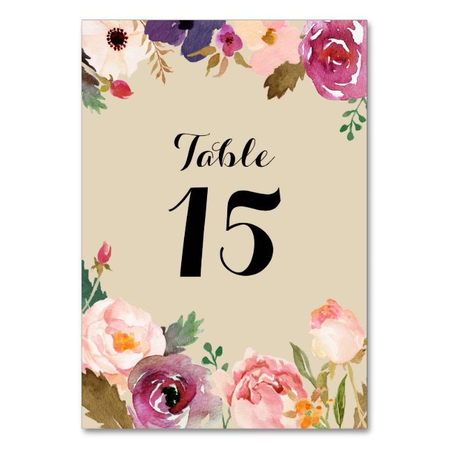 Rustikale Boho Watercolor-Blume Hochzeit Tischnummer (Vorderseite)