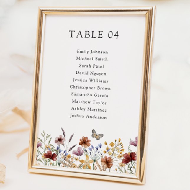 Rustikale Boho-Wildblumen-Namen Tischnummer (Rustic Boho Wildflower Names Table Number Sign with Butterfly by Painted Paperie
)