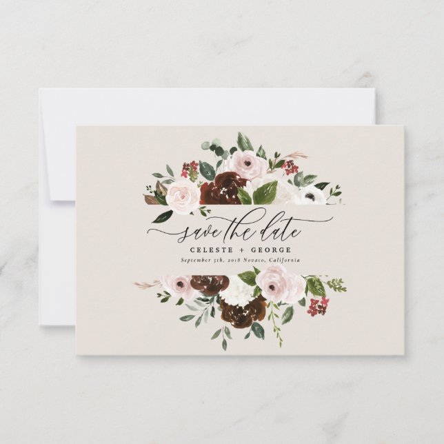 Rustikale Bordeaux-Hochzeit, rosa, grüne Blütenhoc Save The Date (Vorderseite)